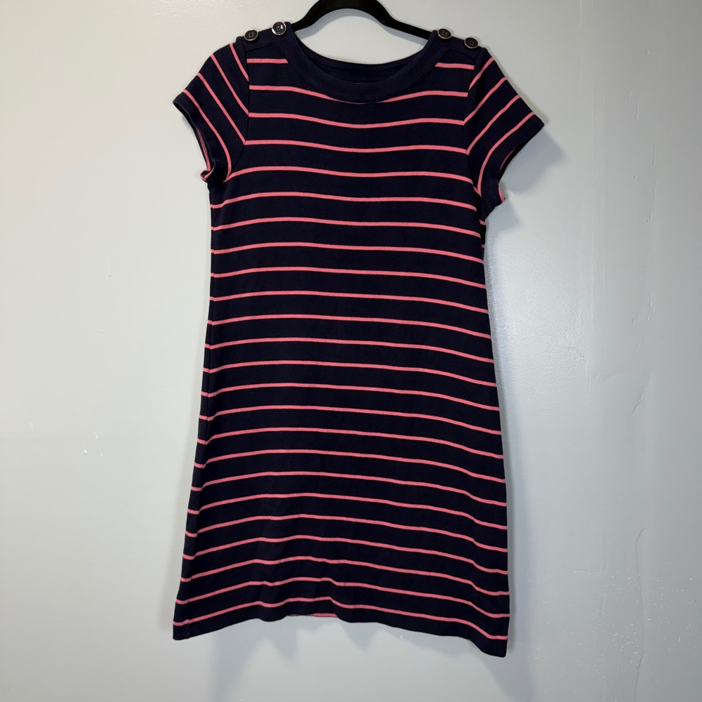 Talbots Petites‎ Navy Pink Striped Cotton T-Shirt Dress Button Shoulder SP